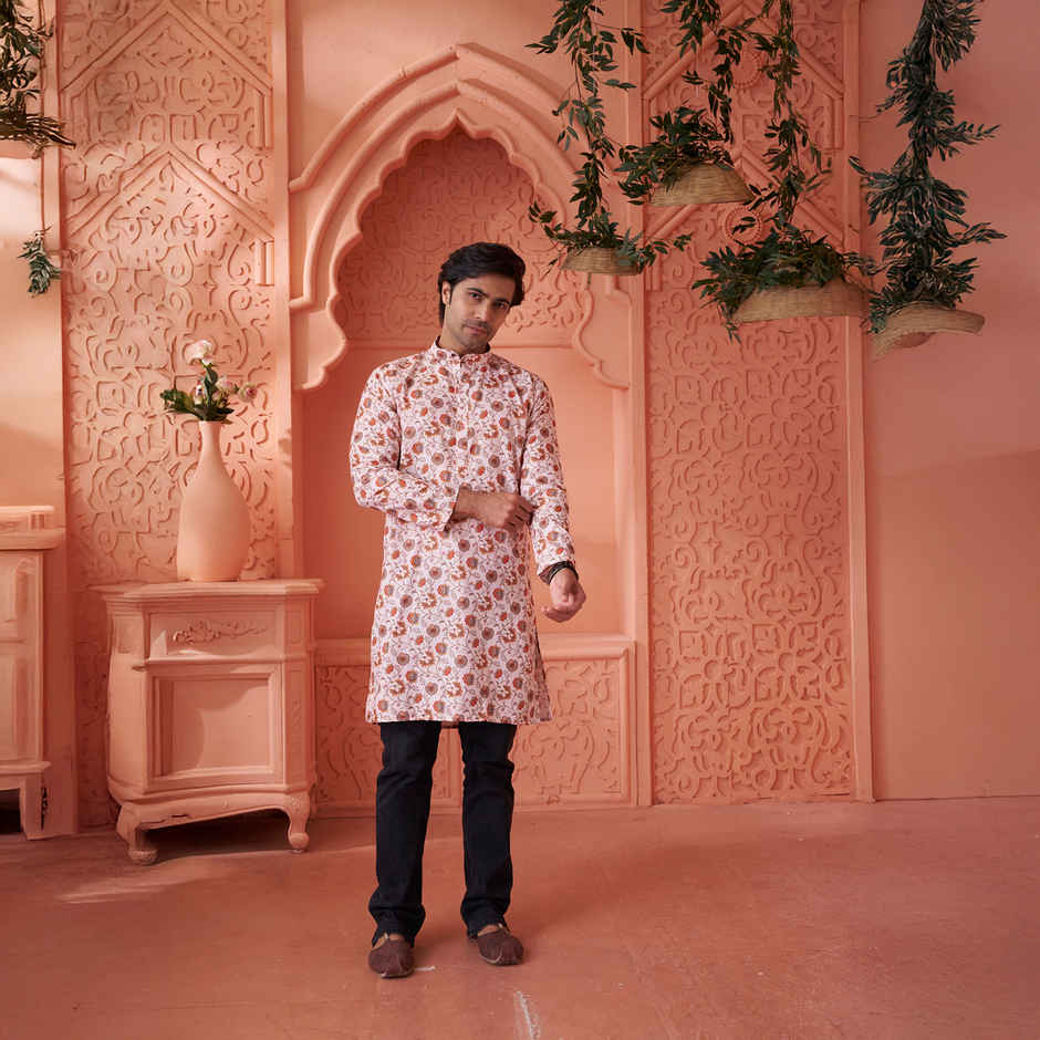 House Of Festivals Men's Printed Cotton Blend Long Kurta | Cream - S