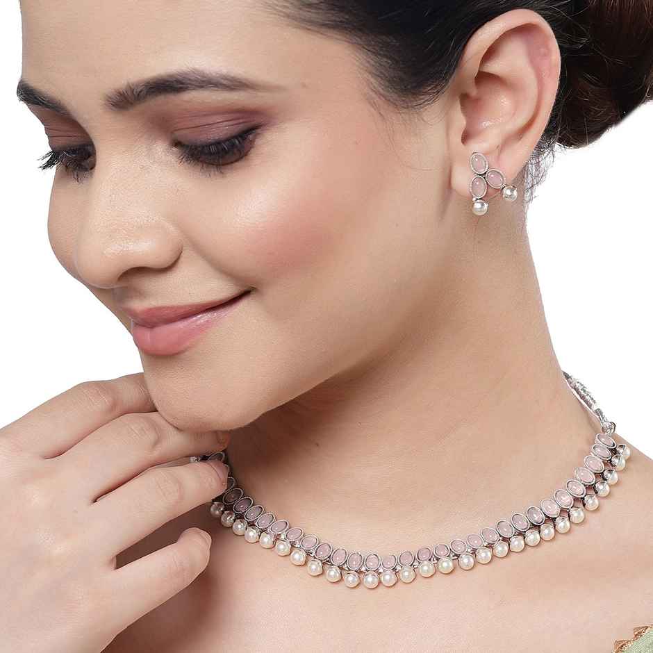 Zeneme Oxidised Silver Traditional Pink CZ Necklace With Earrings Jewellery For Women & Girls