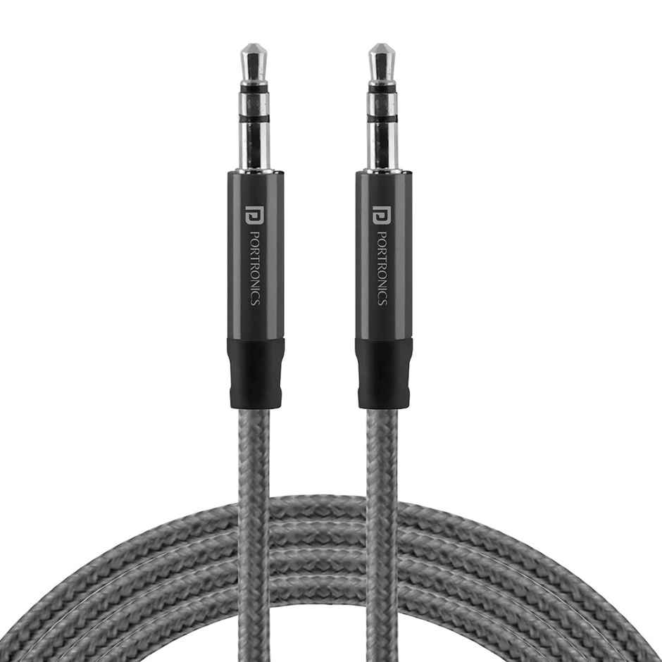 Portronics Aux 5 Stereo Audio Aux Cable 1.5m 3.5mm Metal Head Connectors, Nylon Braided with Universal Compatibility - Grey