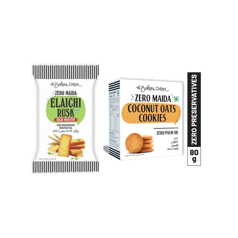 The Baker'S Dozen Zero Maida Elaichi Rusk (80g) & The Baker'S Dozen Zero Maida Coconut And Oats Biscuits Cookies | Maida-Free And Trans Fat-Free (80g) Combo