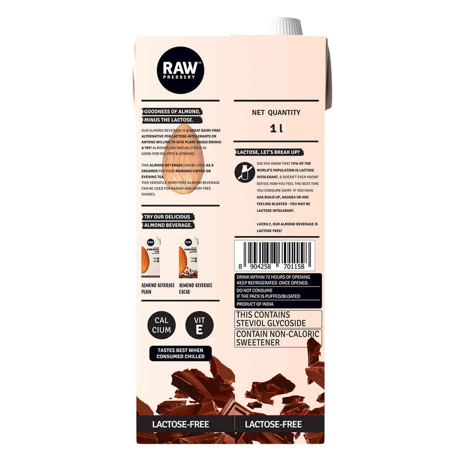 RAW Pressary Almond Bevarage Cacao  Chocolate Flavoured Almond Drink  Lactose Free  Vegan Drink