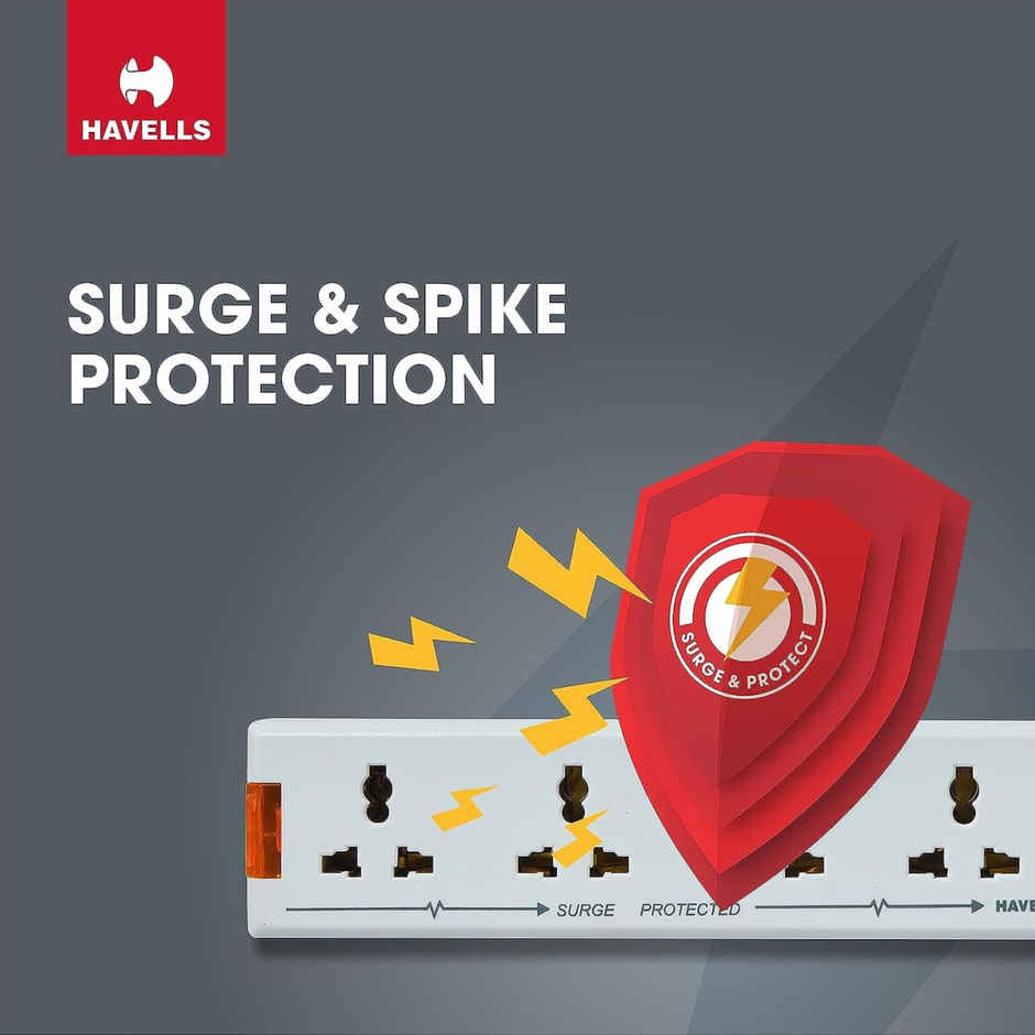Havells 4 Way Extension Board With Surge & Spike Protection|For Power Requirements Up To 1440W |1.5 Mtr ISI Certified Copper Wire| LED Indicator | Rating -6A, 240V | Home & Office Use, 10 Volts - White