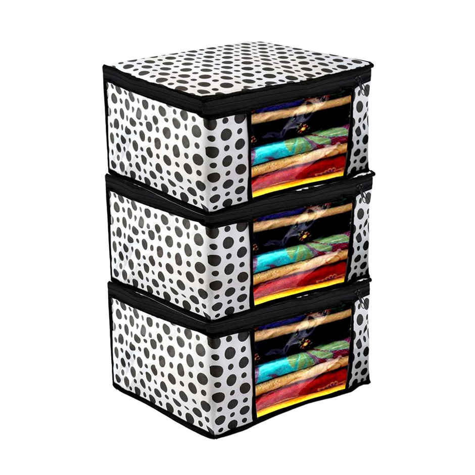 Kuber Industries Pack of 3 Non-woven Polka Dots Saree Cover With Transparent Window|Black & White