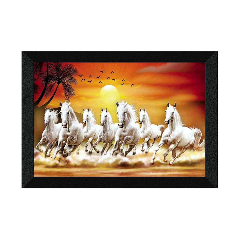 Saf 7 Running Horses Vastu Uv Textured Digital Reprint 14 Inch X 11 Inch Painting (With Frame)