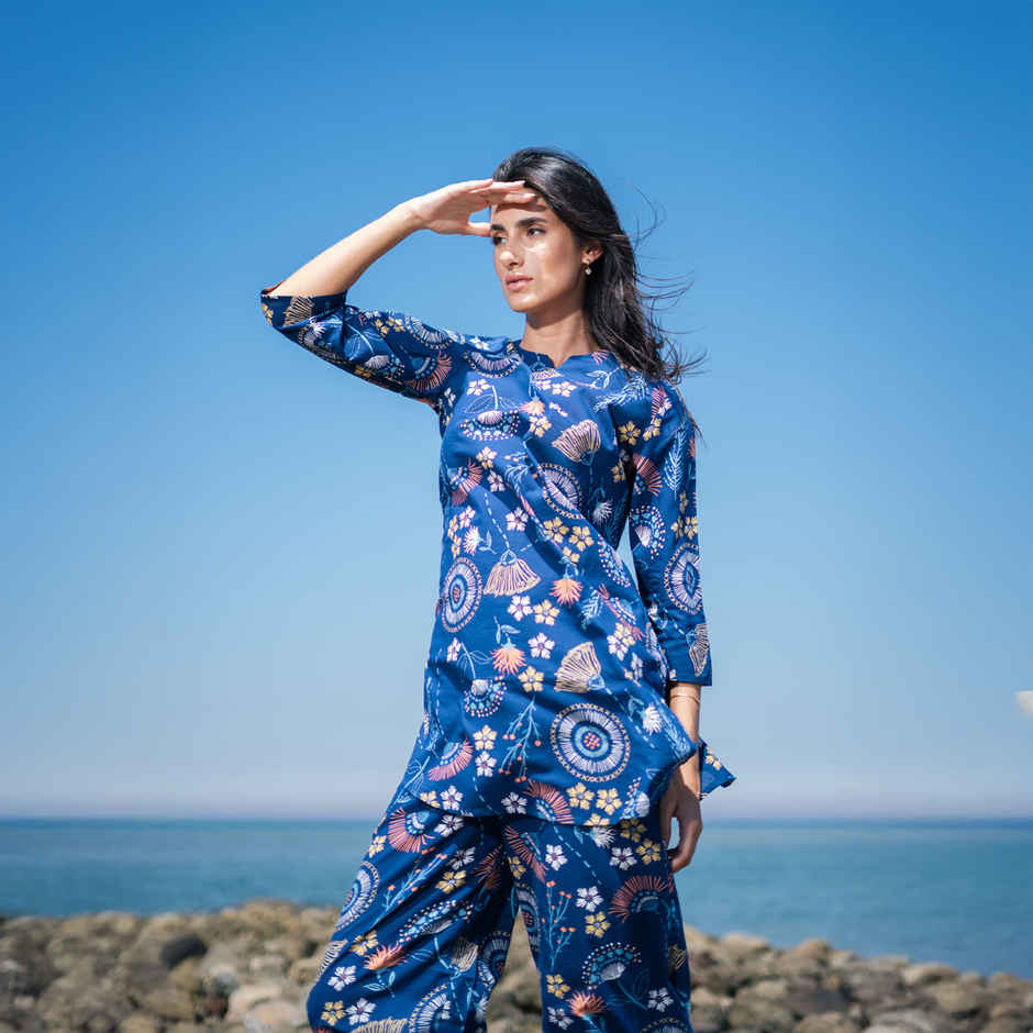 Sanskrutihomes Ethnic Motif Pure Cotton Top & Trouser Co-Ord Set | Navy Blue - XL