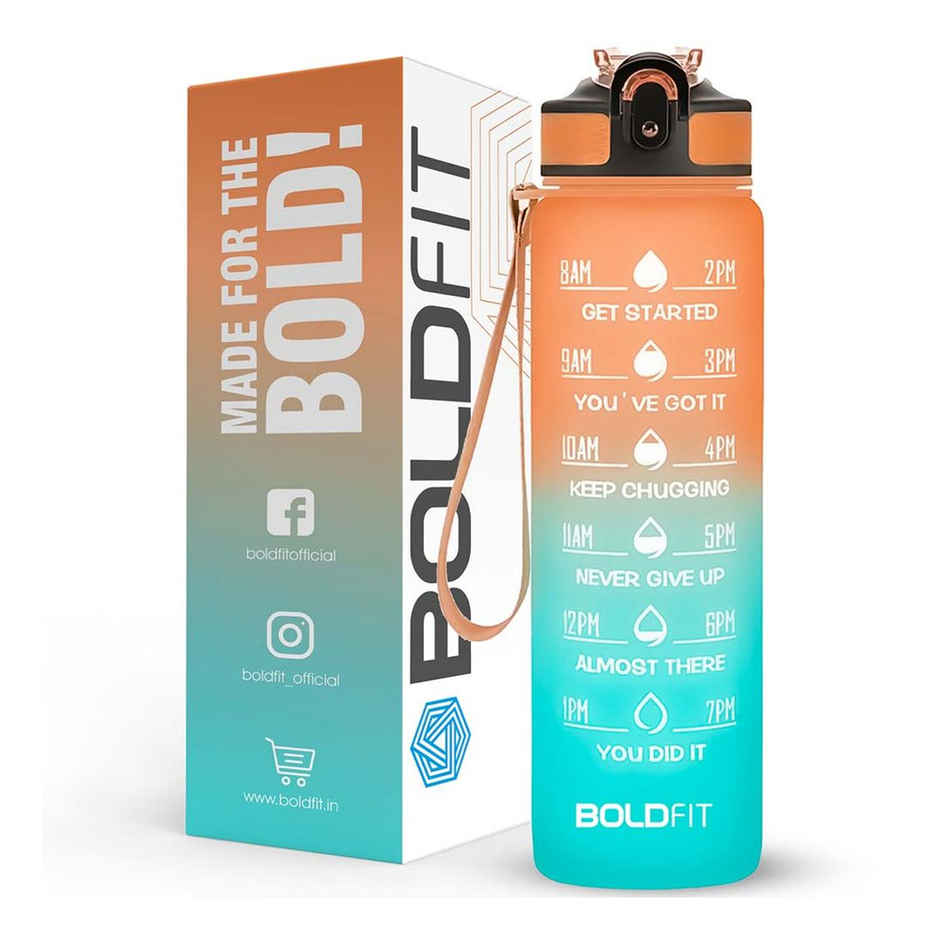 Boldfit Plastic Water Bottle with Motivational Time Markers | Teal and Orange | 1 L