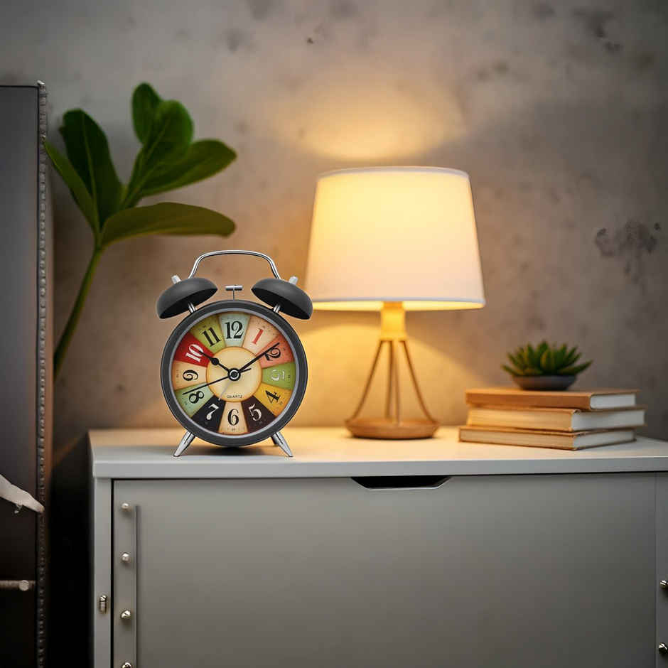 Perpetual Table Clock Retro Twin Bell Metal Frame Alarm Clock | Black Vintage | 4.5 x 1.5 in