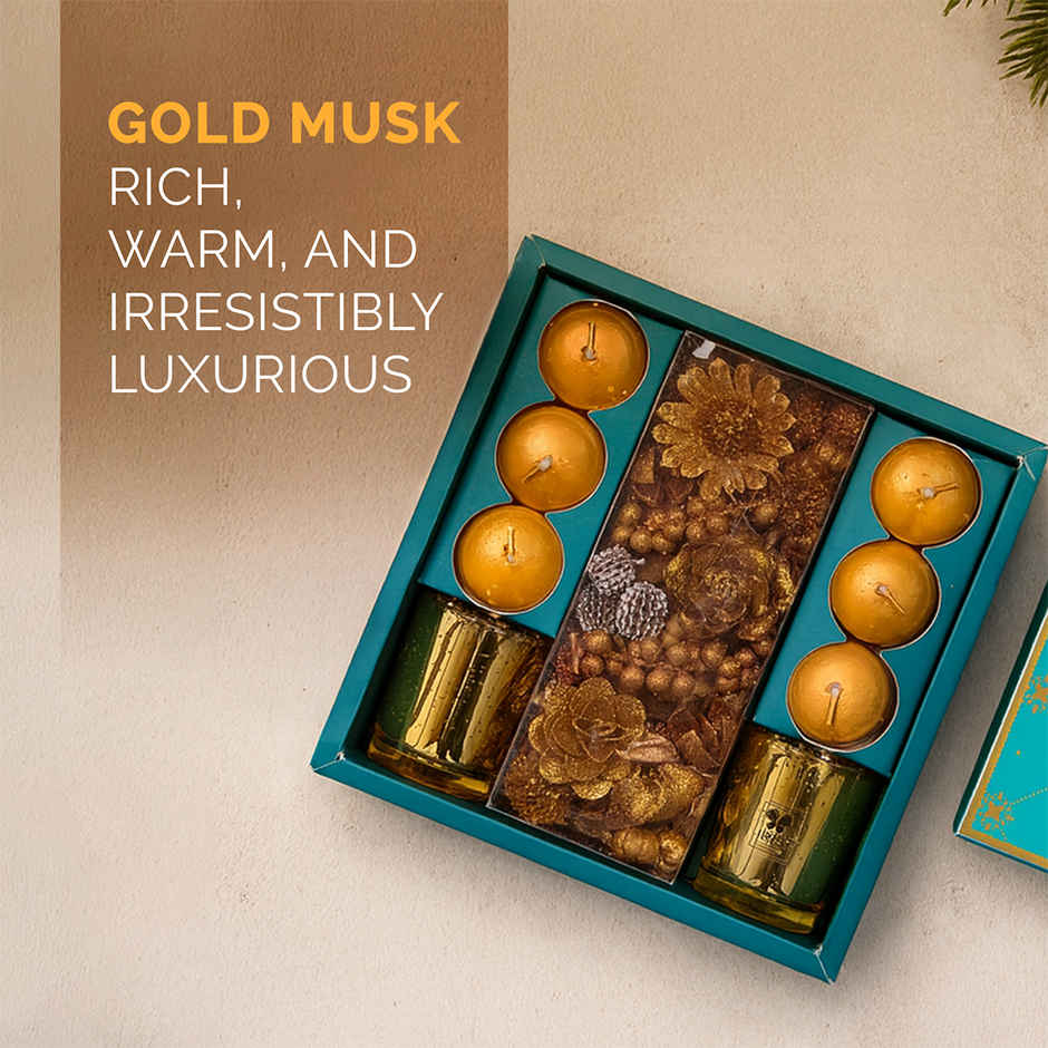 Candles and Potpourri Decor Gift Box - Gold Musk Fragrance | Diwali Gift Hamper | Iris