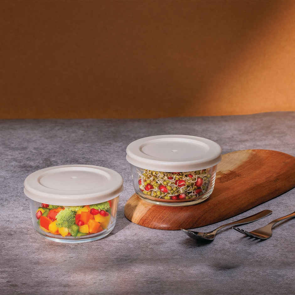 BAY6 Premium Imported Borosilicate Glass Container with Lid -236 ml - Round - Set of 2 - Beige