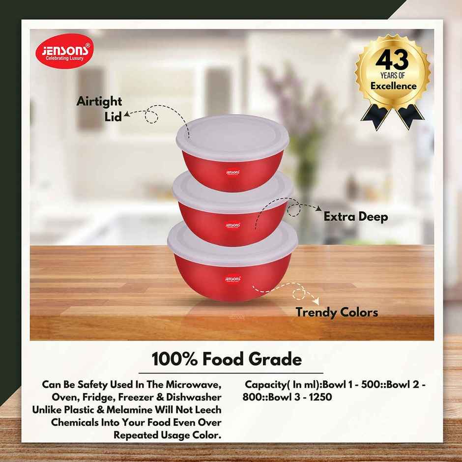 Jensons Microwave Safe  Bowl Set of 3 | Stainless Steel Bowls | Ovan Safe | with Lid