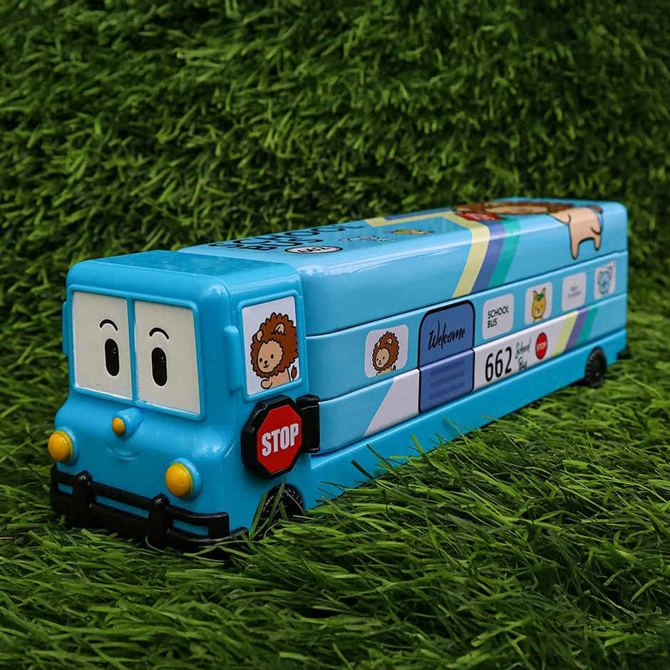 Toyshine Cartoon Printed School Bus Metal Pencil Box With Moving Tyres And Sharpener For Kids - Blue
