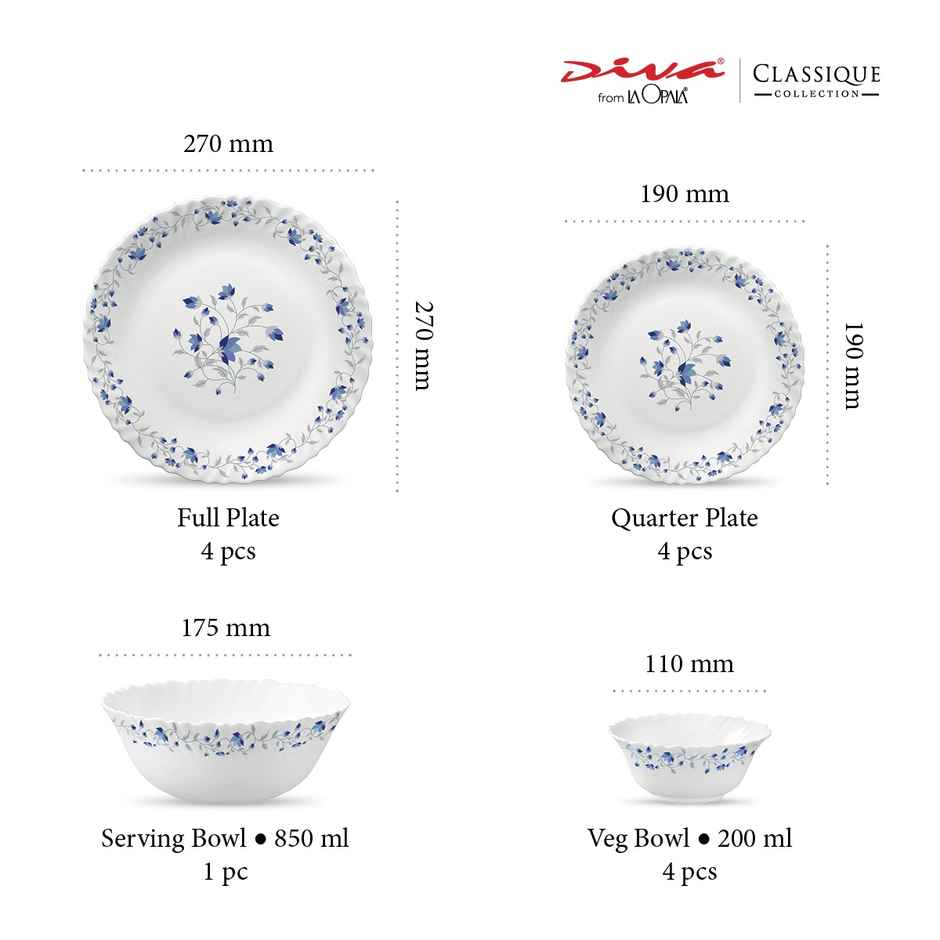 La Opala Diva Classique Dinner Set | Opal Glass Crockery for Dining | 13 Pcs - Blue Mystique