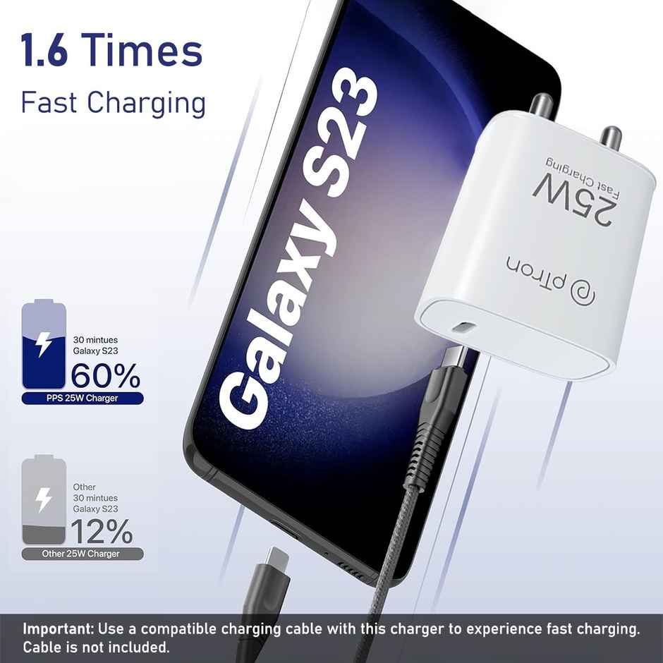 pTron - Samsung Charger Volta FC19 25W | Type-C | For S20 FE-S20+-S21-S21+-S21 FE-S21 Ultra - White