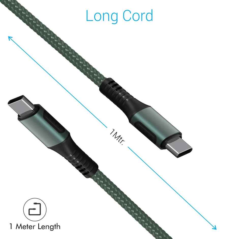 Portronics Konnect C Square 18W POR-1065 Type-C to Type-C 1.2M Type C Devices USB Cable with Power Delivery & 3A Quick Charge Support, Nylon Braided for All Type-C Devices - Green