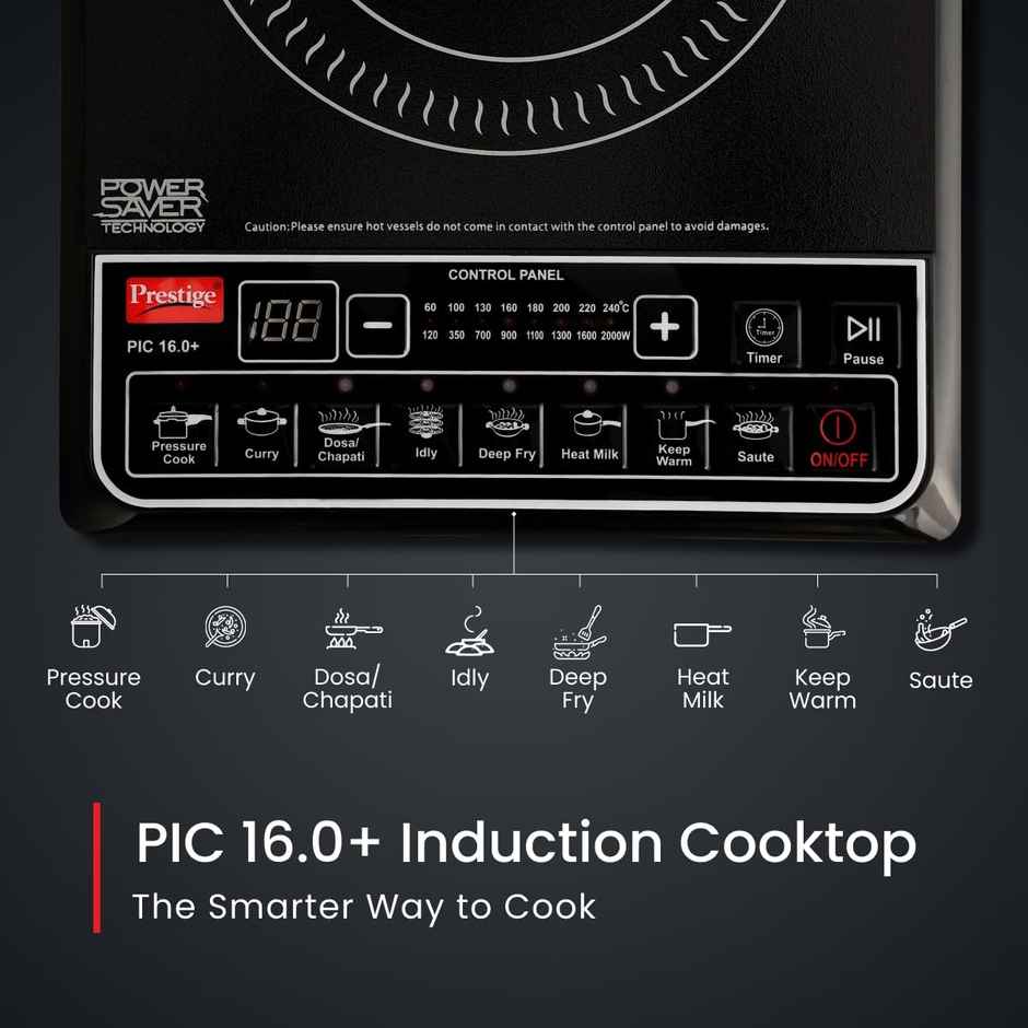 Prestige PIC 16.0+ 2000W Induction Cooktop,4KV Surge Protection,Easy to clean,Black,1Y Warranty, BIS