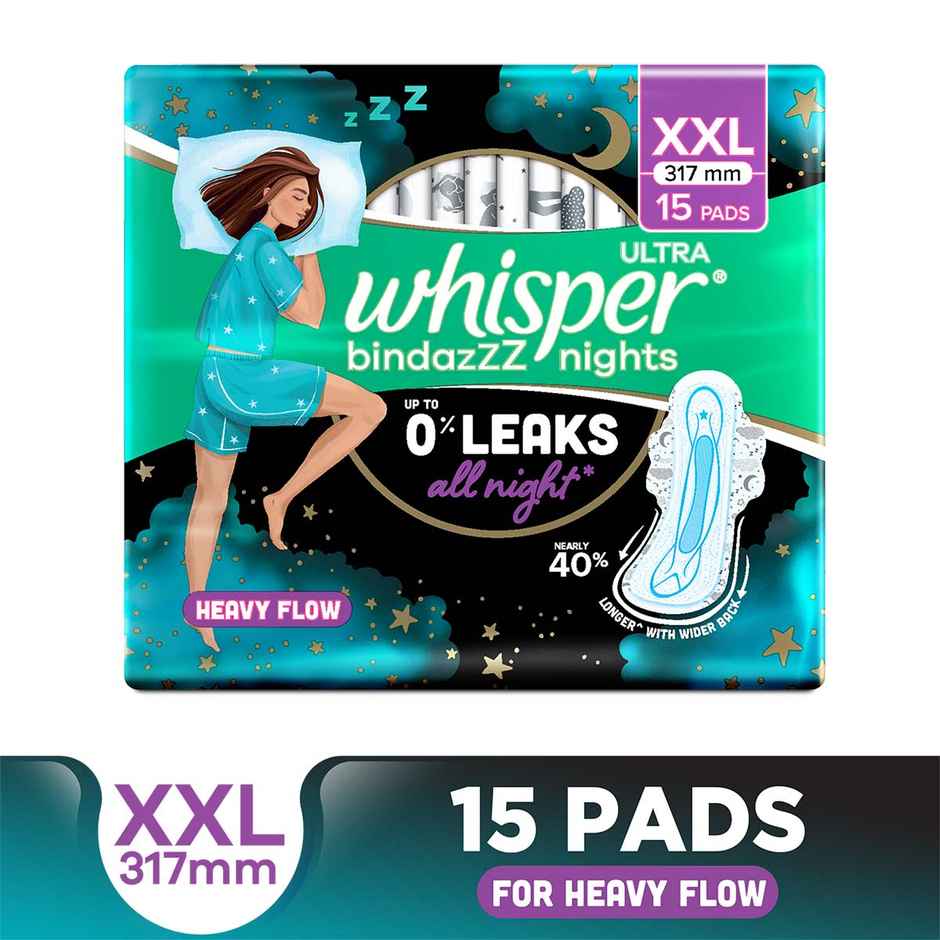 Whisper Bindazzz Nights XXL Sanitary Pads, Upto 0% Leaks All Night Long