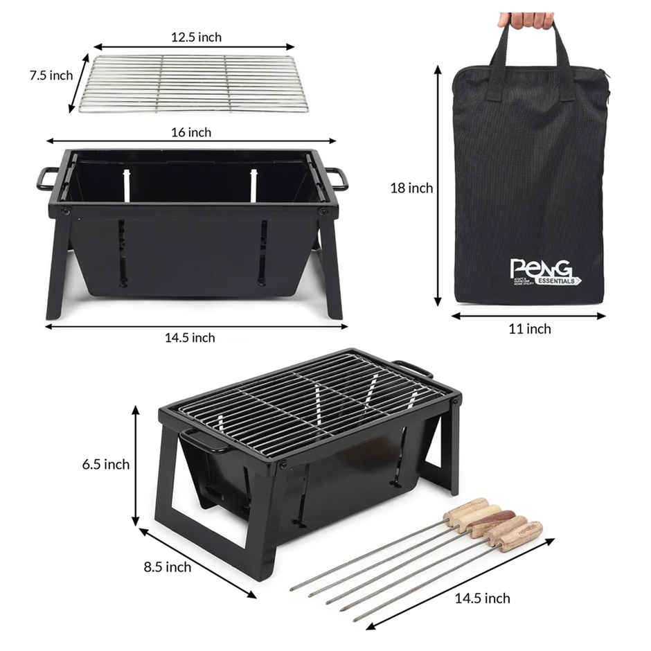 Peng Essentials Foldable Charcoal BBQ Grill | 5 Skewers | Stainless Steel | Black