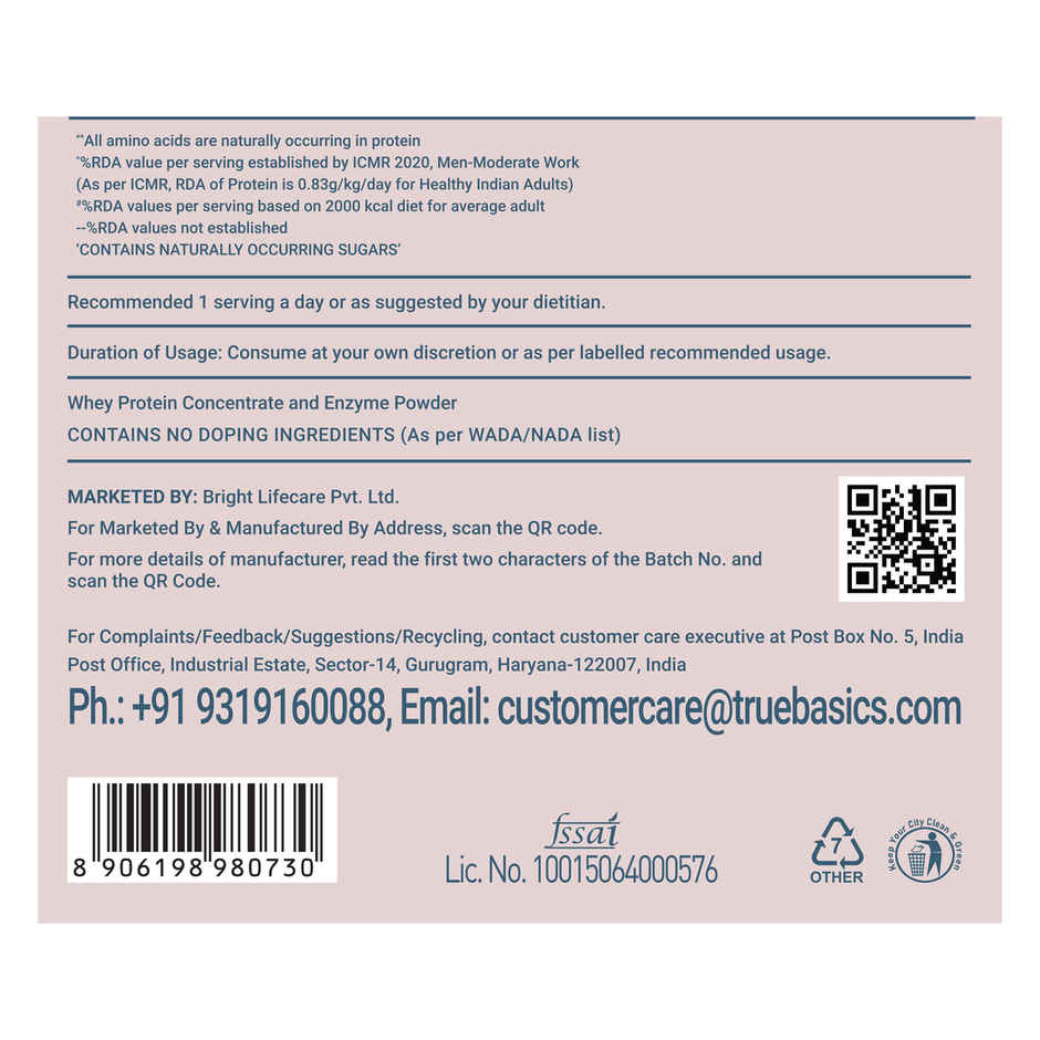 TrueBasics Clean Raw Whey Protein Concentrate Powder (Unflavoured)