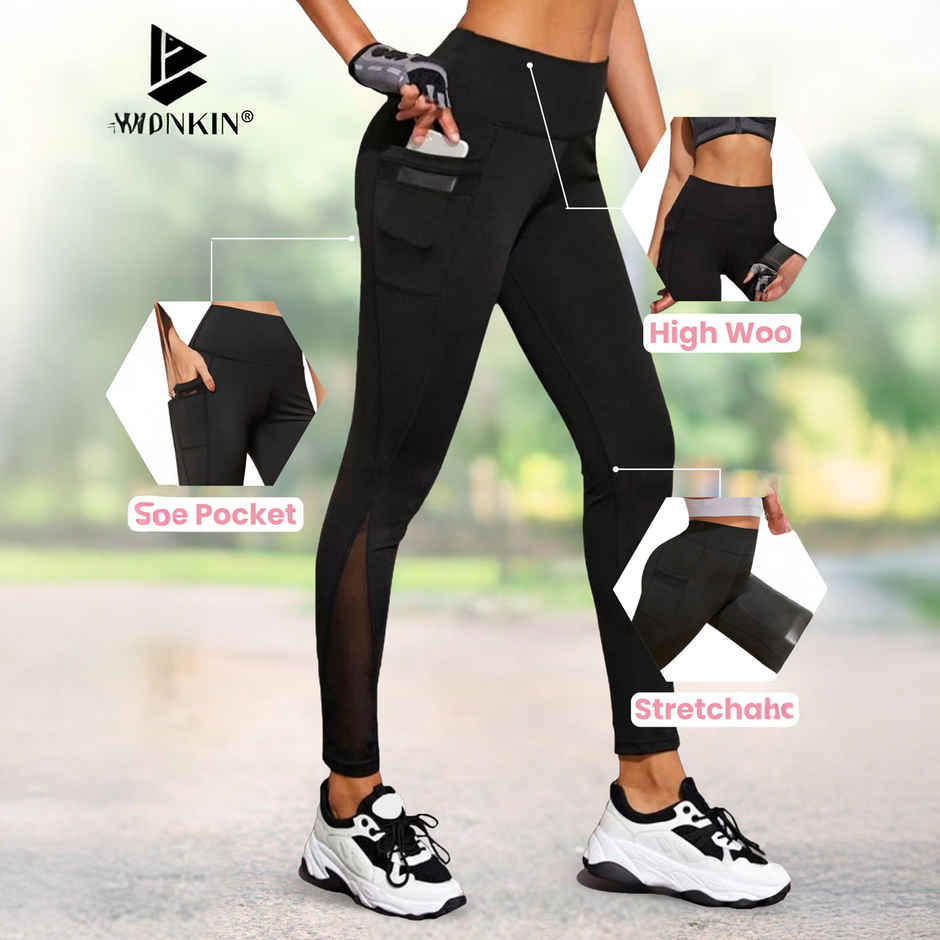 Blinkin Women's Gym Pants & Tights - Black | Stretchable | With Mesh Insert & Side Pockets | S