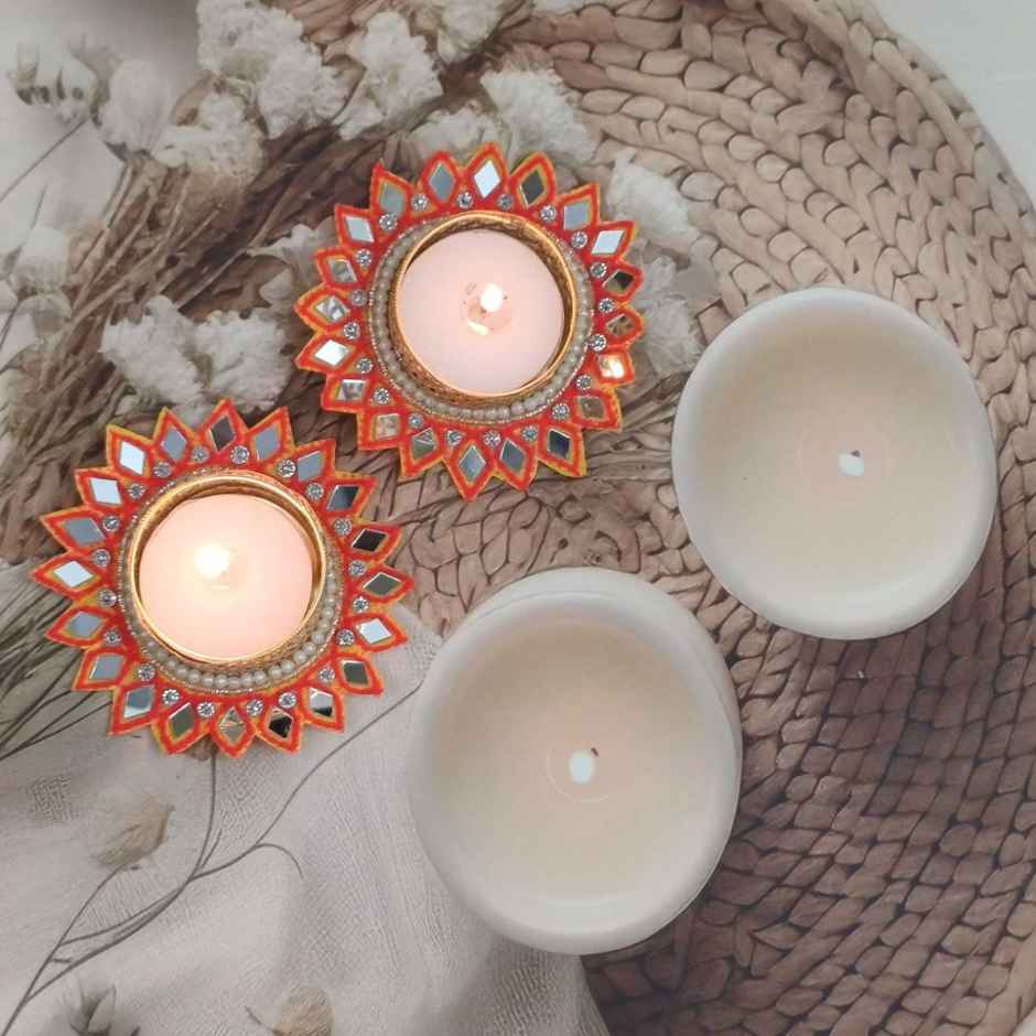 Kundan And Mirror Work Flower T-Light Holders | Pack Of 2 | Gullak