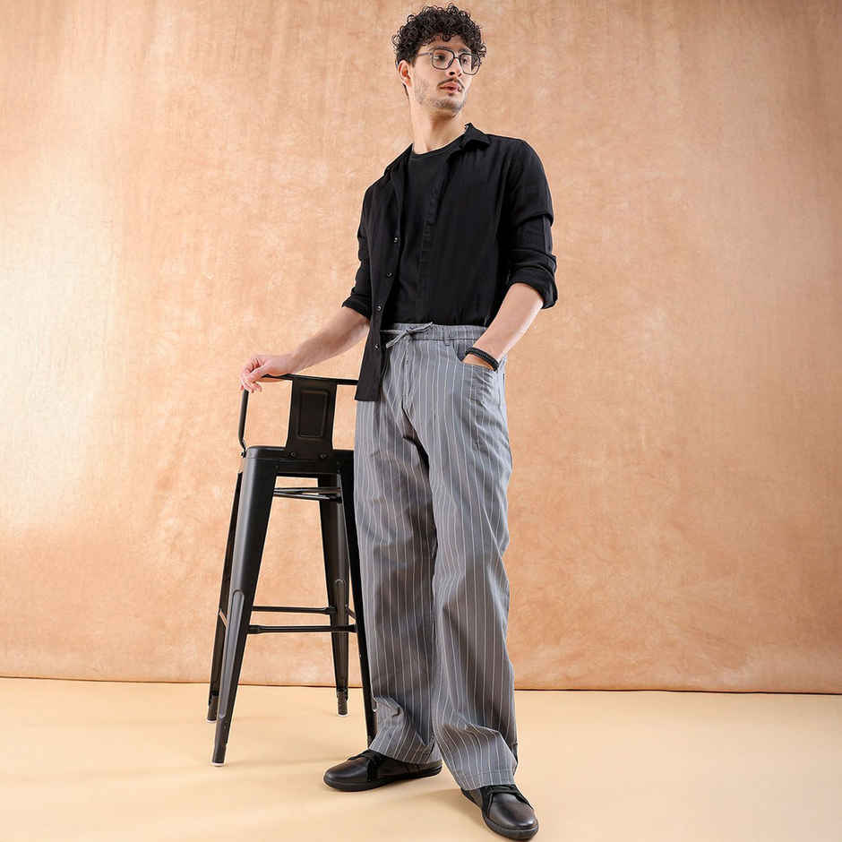 The Indian Garage Co Men Casual Loose Fit Grey Striped Trousers - 34 | 1223-Tllsetr-01