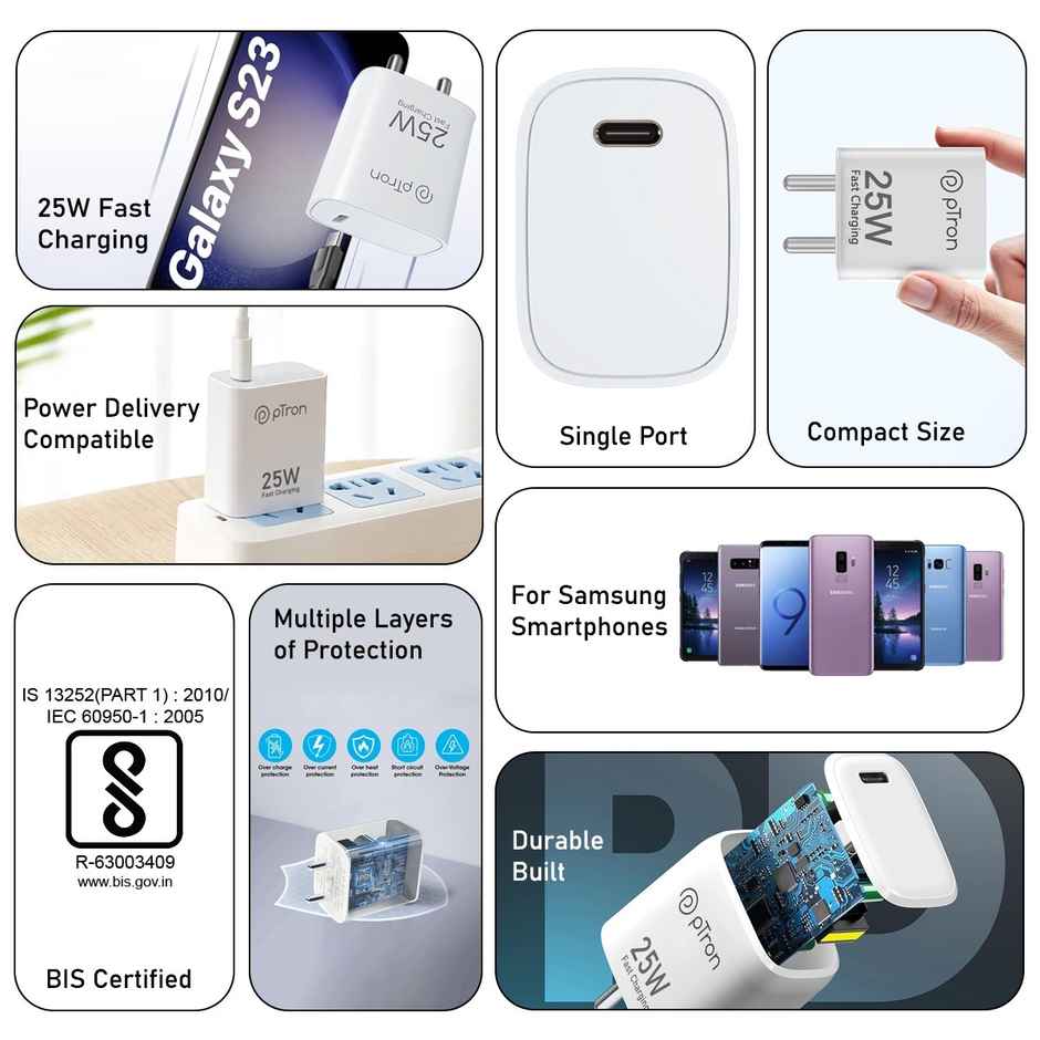 pTron - Samsung Charger Volta FC19 25W | Type-C | For S20 FE-S20+-S21-S21+-S21 FE-S21 Ultra - White