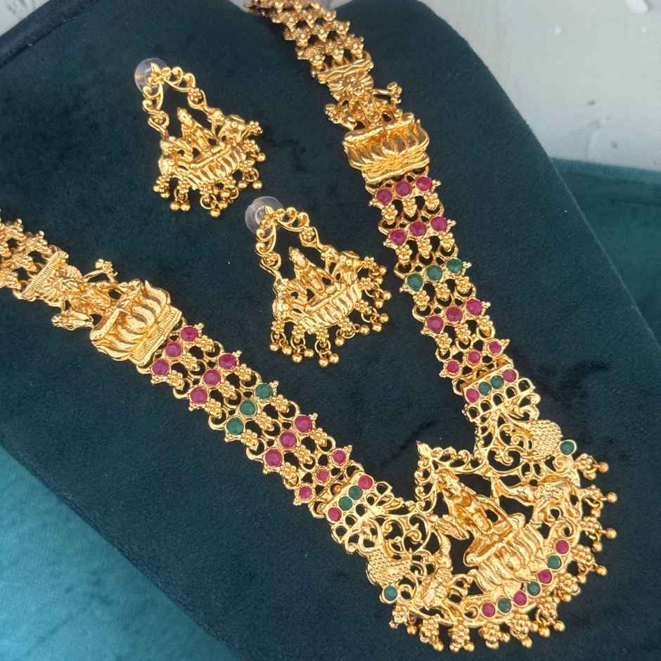 The Opal Factory Premium Temple Jewelry Long Haram Necklace Set | Laxmi | Gold Multi - Necklace