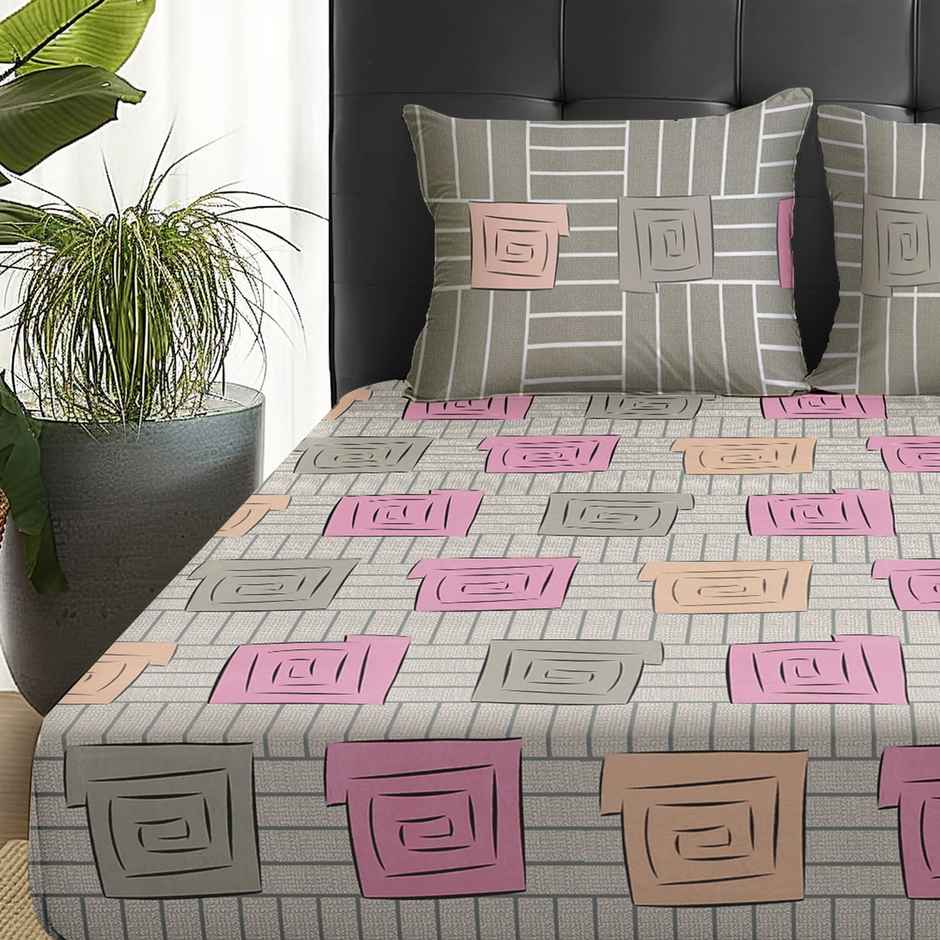 Story@home 144 TC Cotton Double Printed Flat Bedsheet (Beige, Mud Brown)