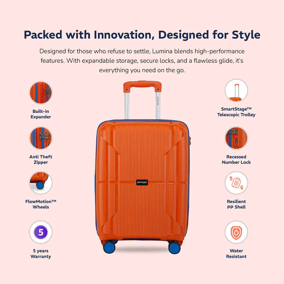 Provogue Lumina Hard-Sided PP Cabin Luggage Trolley Bag | Burnt Orange - 55 cm