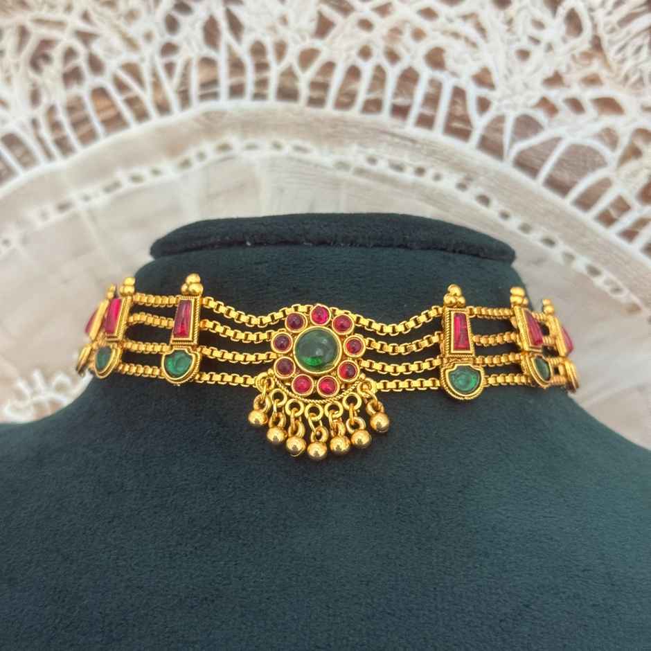 The Opal Factory Choker Necklace Set | Red and Green Stone Work Flower Design Motifs and Earrings