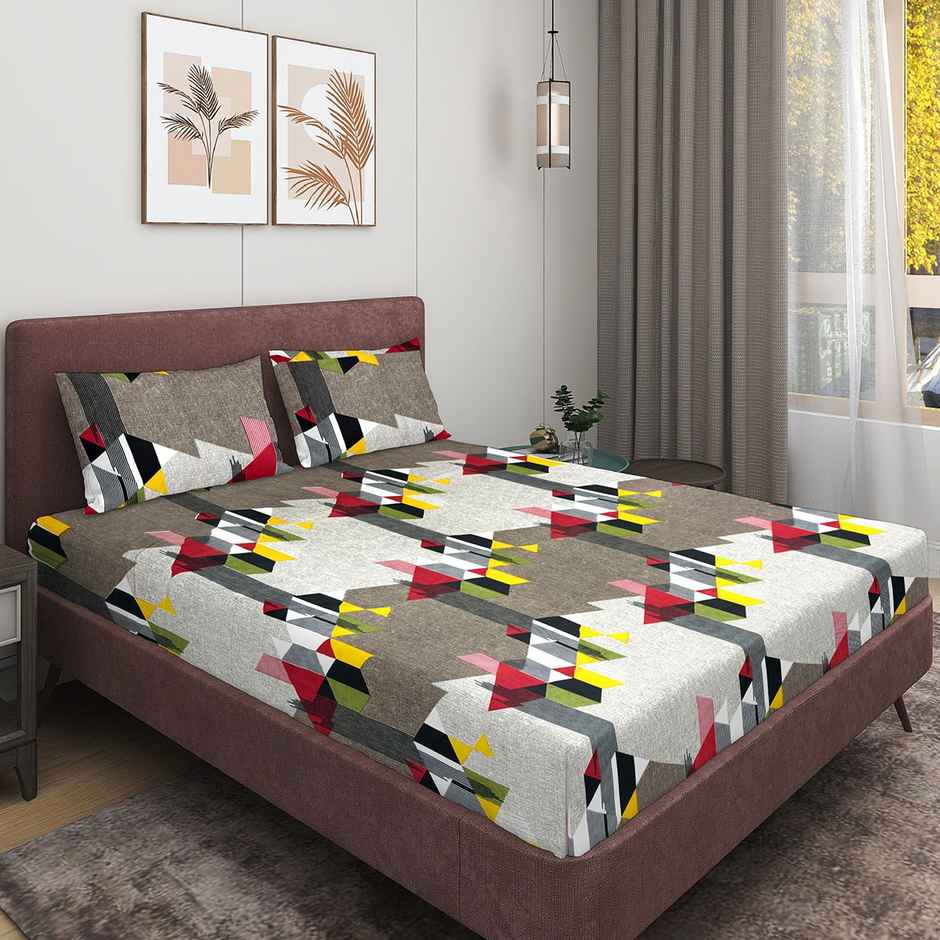 Romee 144 TC Geometric Printed Cotton Double Bedsheet With 2 Pillow Covers | Multicolor