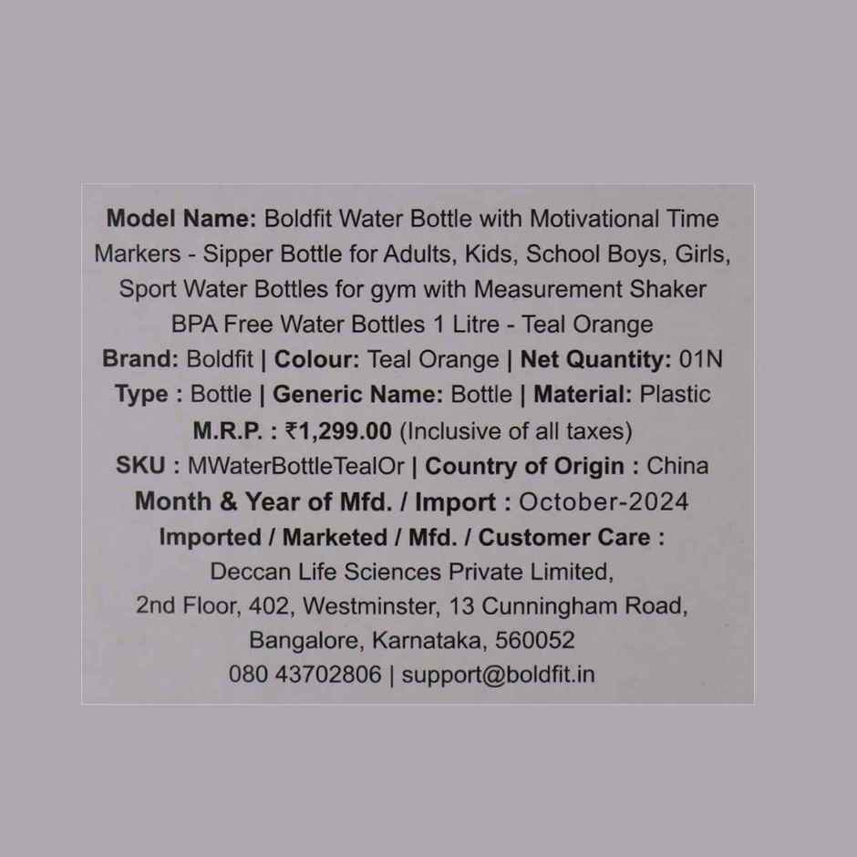 Boldfit Plastic Water Bottle with Motivational Time Markers | Teal and Orange | 1 L