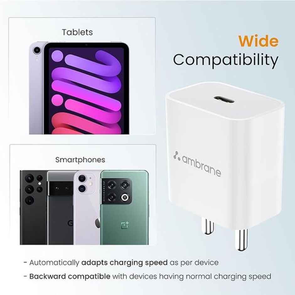 Ambrane (Raap M20) 20W Type C Mobile Charger Adapter, Fast Charging for Android, iPhone 14/13,13/12/11/X & Pro, Max Series & Other Type C Enabled Devices, PD Technology, BIS Certified - White