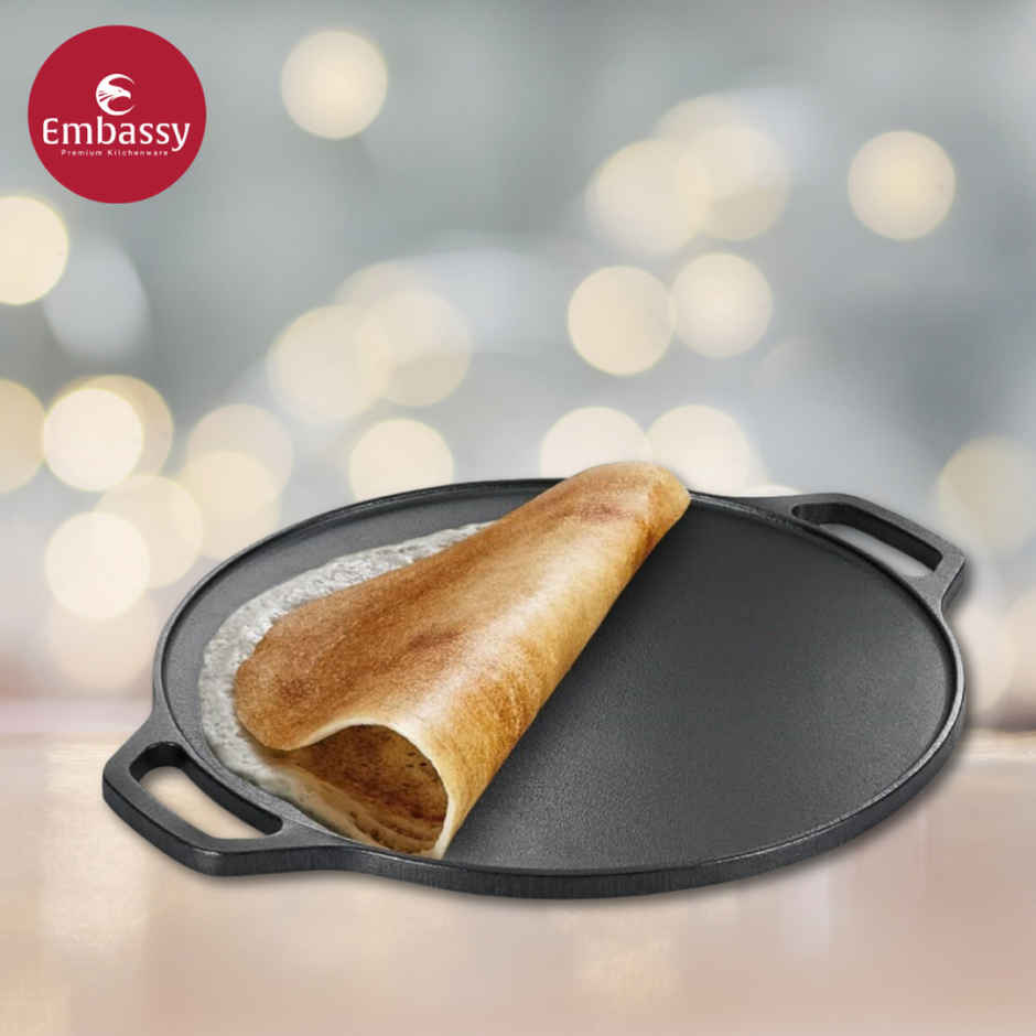 Embassy Cast Iron Dosa Tawa Pre-Seasoned, 12-Inches, For Dosa/Chapati/Roti, Premium Material Tava