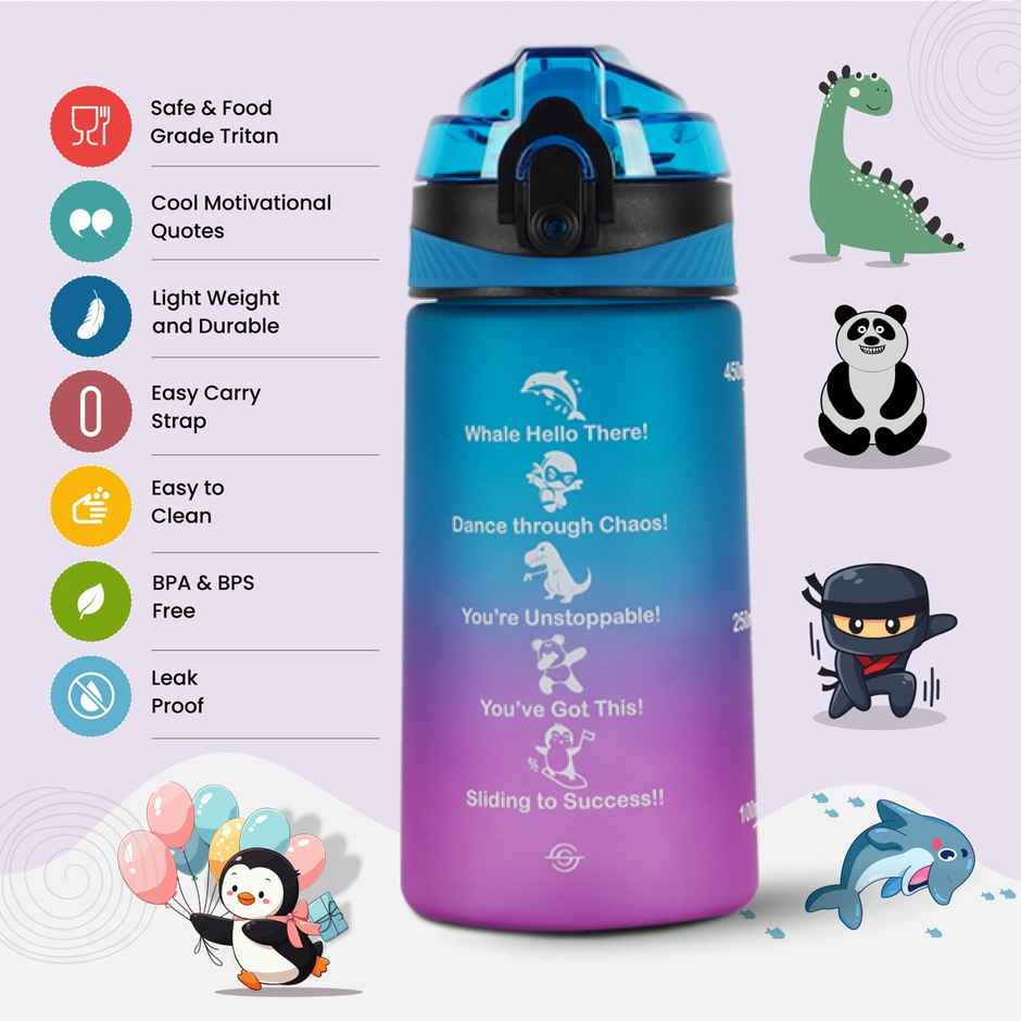 Solara Sipper Water Bottle 500Ml With Motivational Time Marker, Sipper Bottle For Kids -Blue Fuscia
