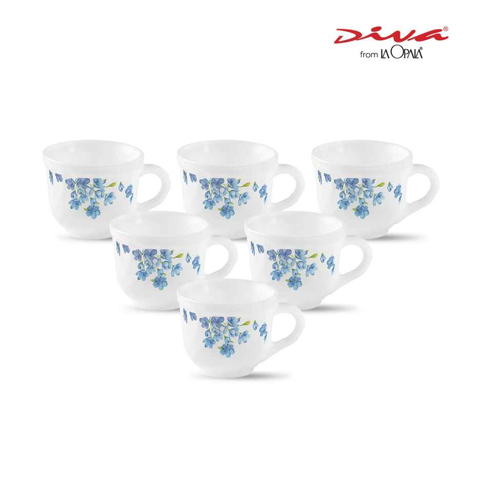 La Opala Diva Cup Set Tulip 160 ml Set of 6 Aster Blue Opal Glass Cups for Tea & Coffee, White