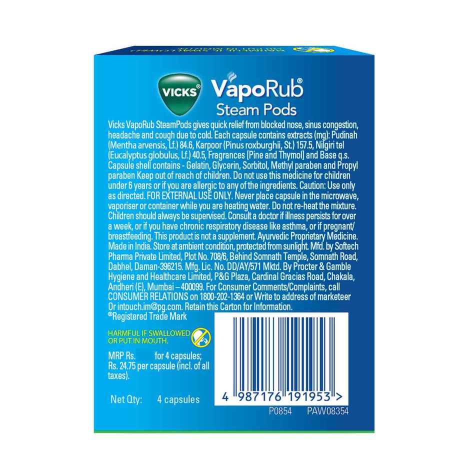 Vicks Vaporub(25ml), Vicks Inhaler (0.5ml) & Vicks Steam Pods(4pc) Combo