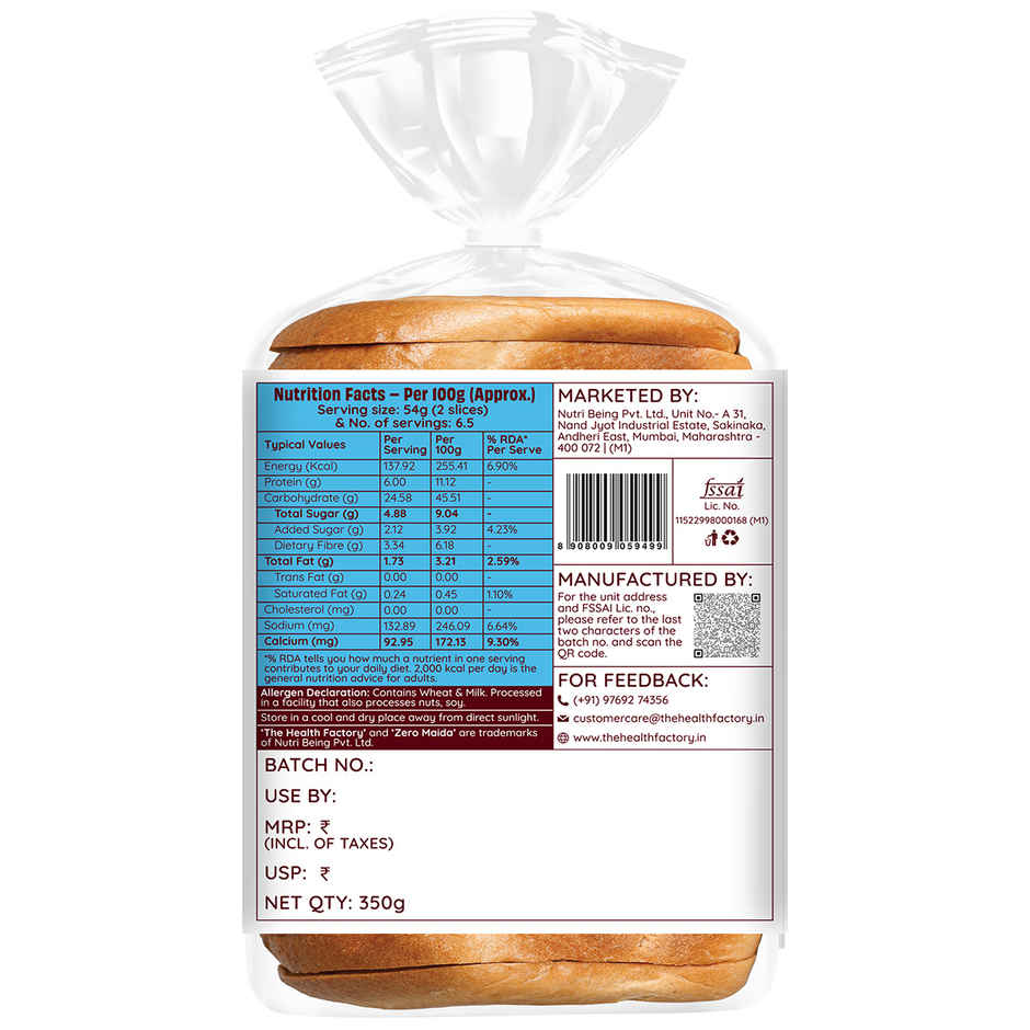 The Health Factory Milk Bread | Zero Maida | Source of Calcium & Fibre | Whole Wheat Bread