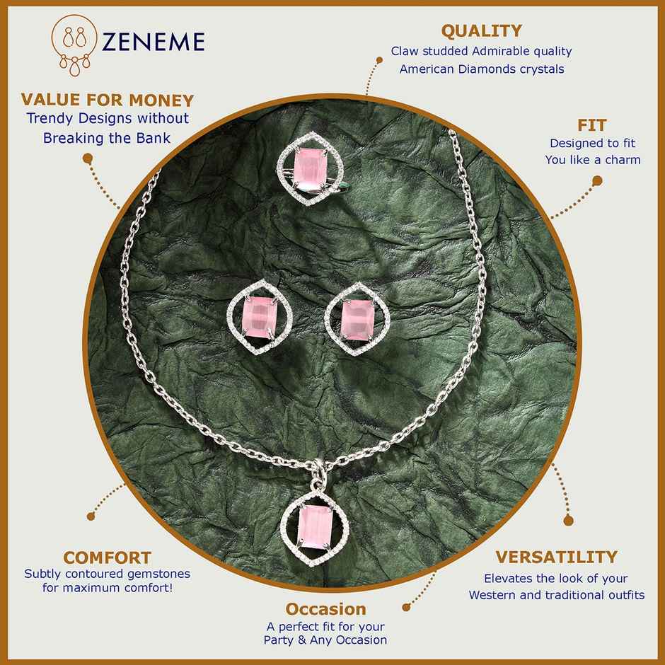 Zeneme Silver-Plated AD Stone-Studded Marquise Halo Pink Necklace and Earrings Ring Women & Girls