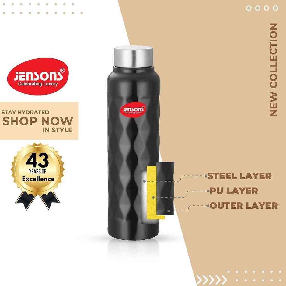 Jensons Stainless Steel Diamond Water Bottle 1 Litre | Leak Proof | Black