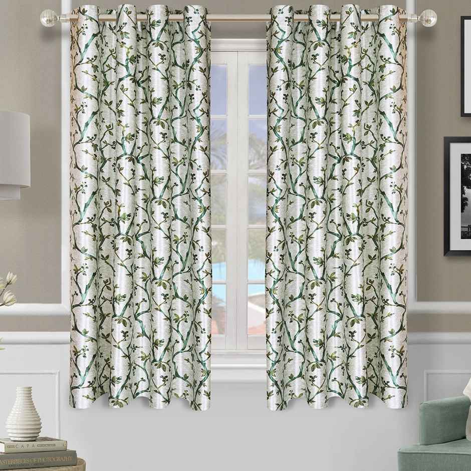 Romee Leafy Printed Polyester Window Curtain 5 feet Set of 2 | Green and Off White