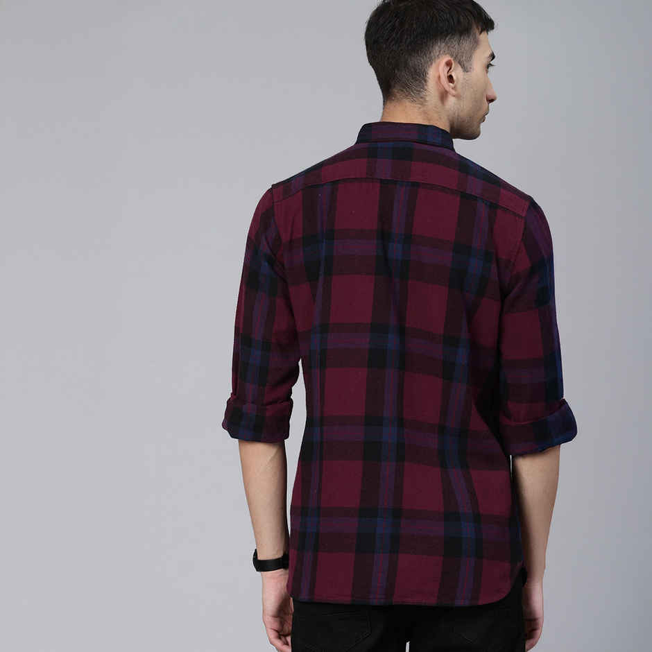 The Bear House Men Slim Fit Flannel Button-Down Casual Shirt - Uber | Maroon | M