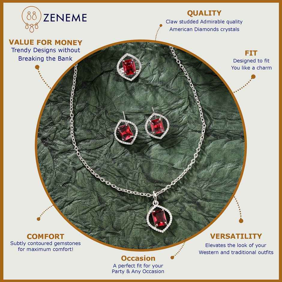 Zeneme Silver Plated AD Studded Marquise Halo Necklace and Earrings With Ring For Women & Girls