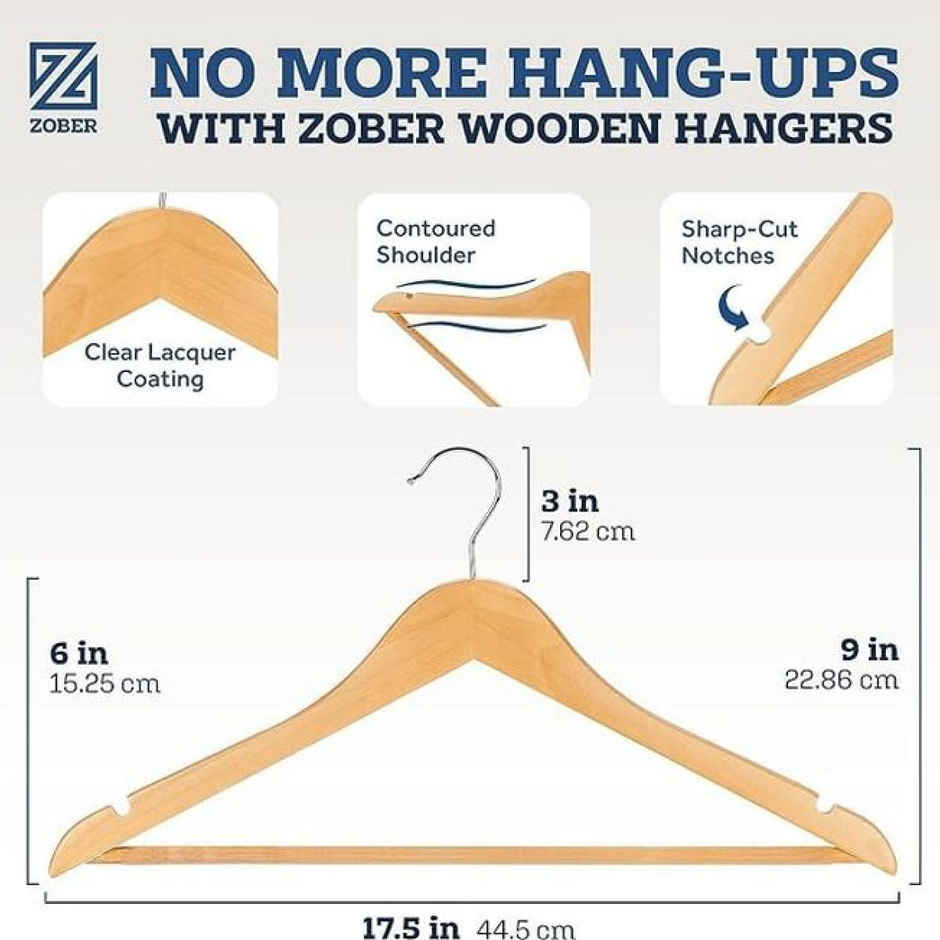 Zober Wooden Suit Hangers Pack-10 With Non Slip Pants Bar | 360 Swivel Hook