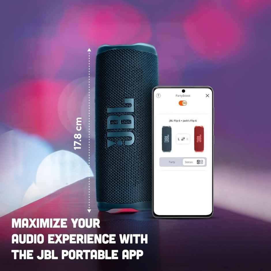 JBL Flip 6 Wireless Portable Bluetooth Speaker Pro Sound, Upto 12 Hours Playtime, IP67 Water & Dustproof, PartyBoost & Personalization App - Blue