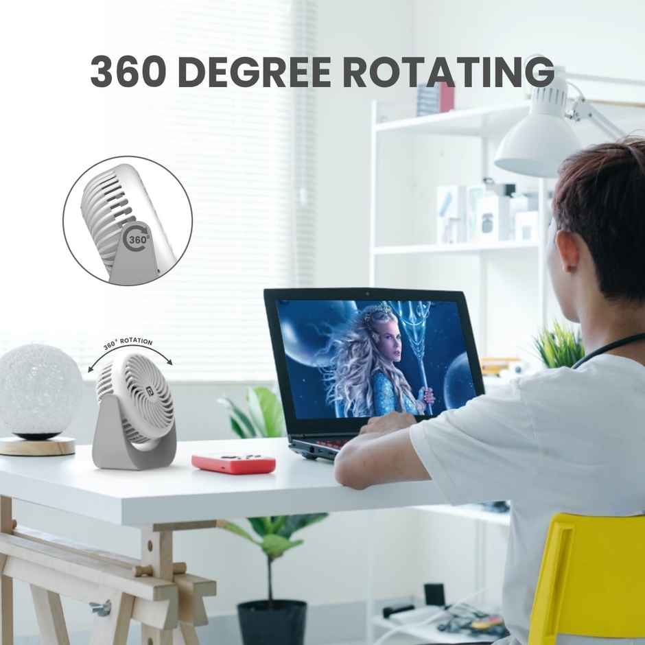 Portronics Toofan Mini USB Portable Fan, 60mm, 3 Blade BLDC Motor, with 2000 mAh Battery, White