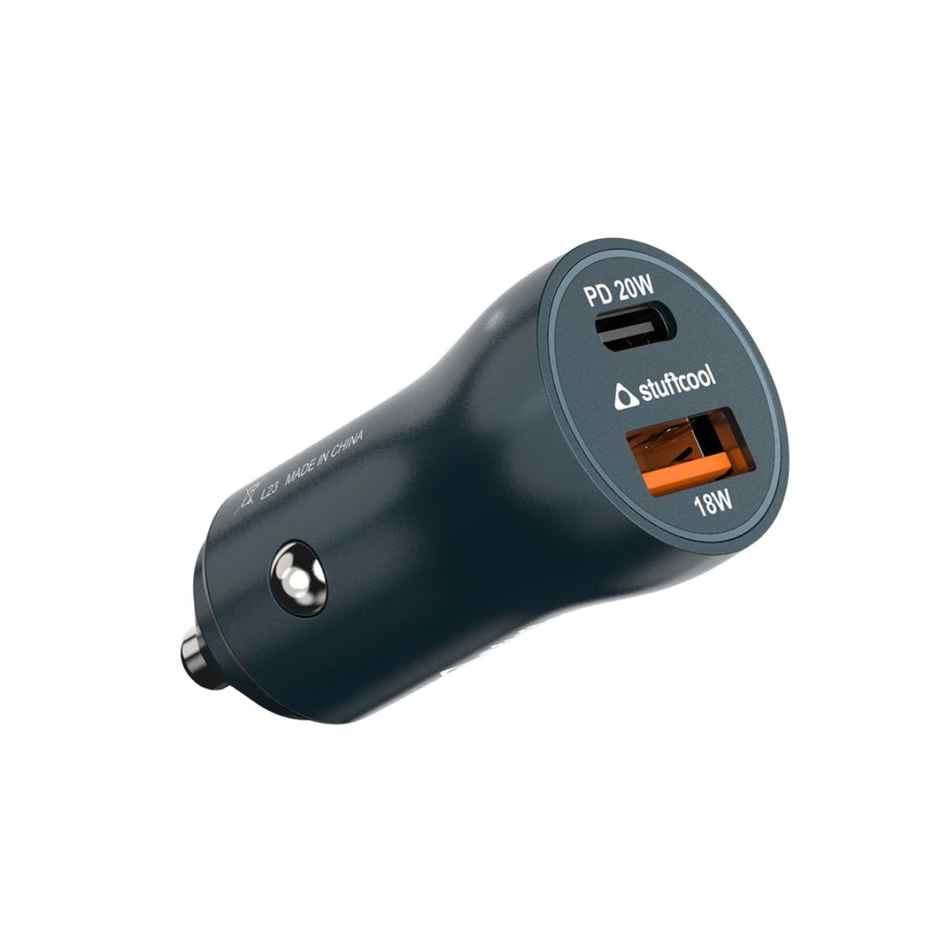 Stuffcool Ultimus 38W Dual Port Type C 20W + 18W QC3.0 USB A car Charger Supports Fast Charging Charges iPhone 50% in 30 mins, Compact Shape, Aluminium Body - Blue