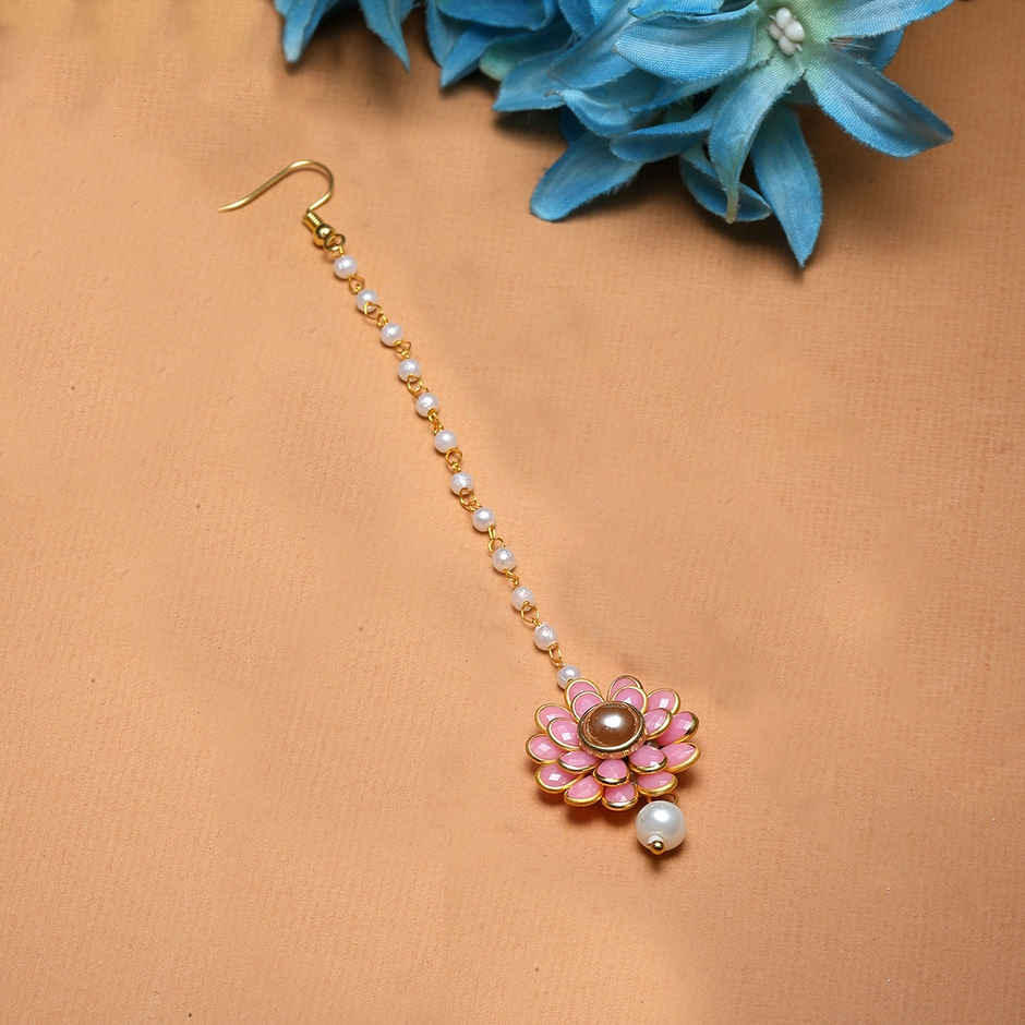 Zeneme Gold Plated Floral Style Attractive Maang-Tikka With Pearls For Girls & Women