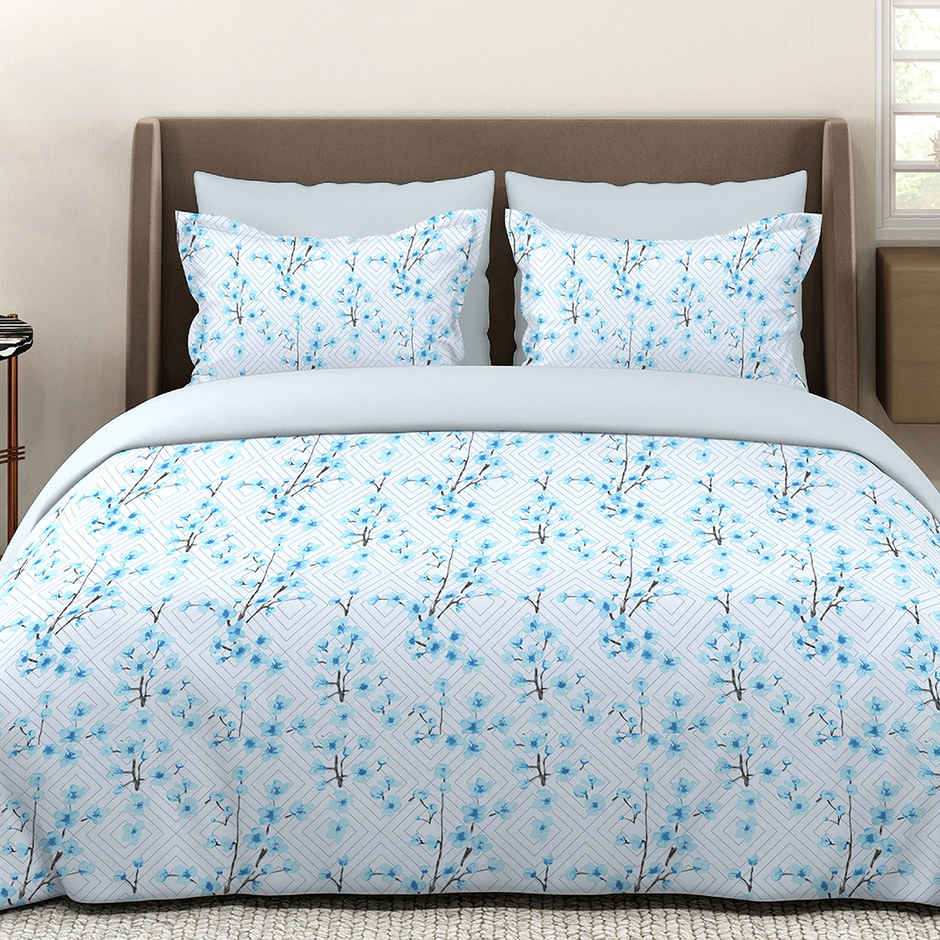 Layers Lumina Floret 100% Cotton 144 TC Blue King Bedsheet with 2 Pillow Covers
