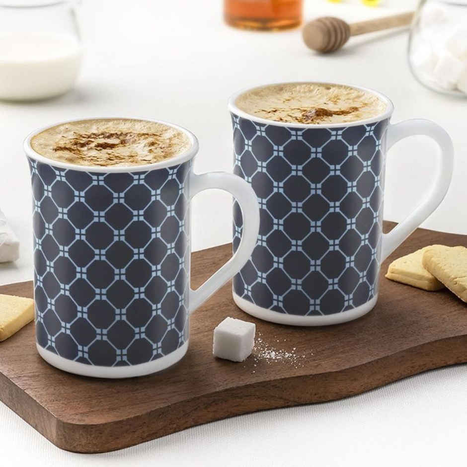 Larah By Borosil Kazak Blue Opalware Tea/Coffee Mugs, 350 Ml Each, Microwave & Dishwasher Safe | Set of 2